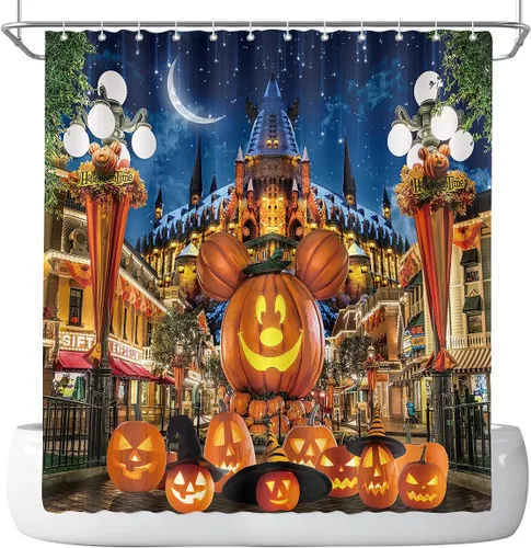 Vista 2 de Cortina de ducha de Halloween para baño, niños, caricatura, calabaza, sombrero de mago, luna, castillo, estrella, lámpara de calle, decoración