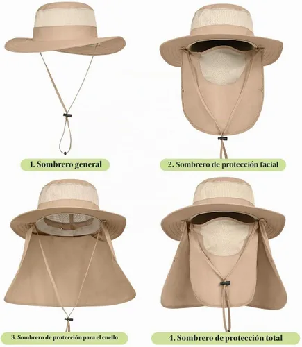 Vista 3 de Sombrero de pesca de ala ancha para hombre, 2 piezas, protección solar UPF 50+, extraíble, solapa para cara y cuello Gris oscuro y caqui