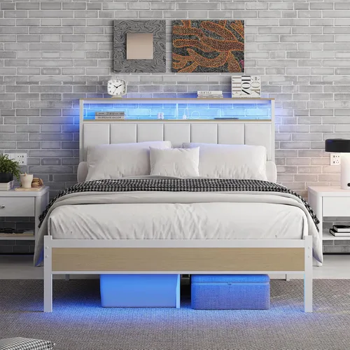 Vista 10 de Marco de cama matrimonial con estación de carga y luces LED, cabecero tapizado en negro con estantes de almacenamiento de 2 niveles, marco de cama