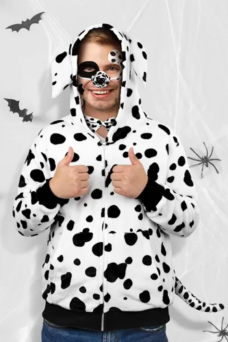 Vista 6 de AOTHSO Disfraz de perro dálmatas para Halloween, sudadera con capucha suave con cremallera frontal con bolsillos, calcetines de cola, calcomanías