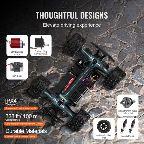 Vista 7 de VEVOR Auto de control remoto a escala 1:18 para adultos, 22.4 mi/h de alta velocidad, todo terreno, impermeable, IPX4, eléctrico, 4WD, todoterreno
