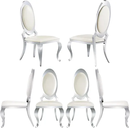 Vista 12 de ACEDÉCOR Sillas de comedor blancas y doradas, modernas sillas de piel sintética blanca, magnífica silla ovalada con respaldo de acero inoxidable