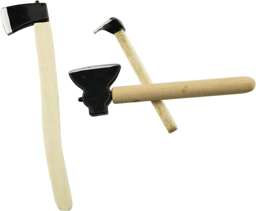 Vista 2 de Tegg Mini hacha 3 piezas de mango de madera en miniatura de metal hacha de hacha de metal para casa de muñecas al aire libre, accesorios de jardín