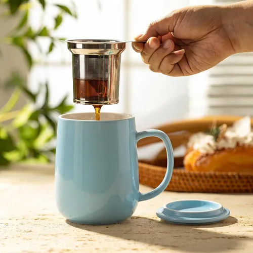 Vista 3 de Sweese Taza de té de porcelana de 20 onzas con infusor y tapa, taza de té gris azulado