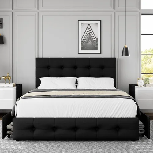 Vista 3 de TTVIEW Base de cama de tamaño completo con 4 cajones de almacenamiento y cabecera ajustable, cama plataforma tapizada con diseño de botones