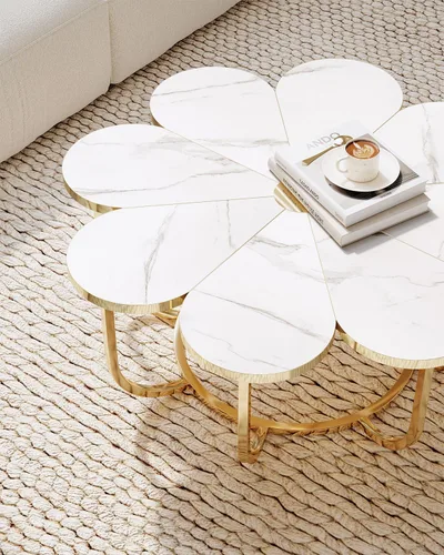 Vista 7 de LITTLE TREE Mesa de café de 39.37 pulgadas, blanca y dorada, moderna, con forma de flor, mesa central con tapa de mármol sintético y estructura
