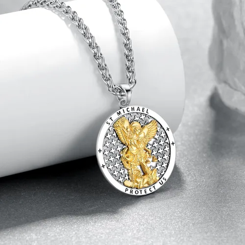 Vista 2 de Collar de San Miguel de plata de ley 925, collar de Arcángel Miguel colgante de San Miguel para hombres, joyería de medalla de amuleto para hombres