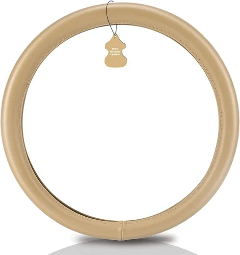 Vista 2 de Haokay Funda para volante de piel de vaca pura resistente, para SUV, color beige, funda de volante de cuero genuino para hombres y mujeres