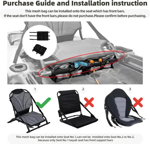 Vista 5 de MORXPLOR Bolsa de almacenamiento de malla para kayak, accesorios de equipo de kayak, compartimentos de almacenamiento para asiento de canoa