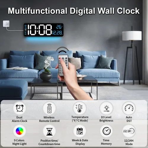 Vista 5 de Reloj de pared digital LED grande de 16.5 pulgadas con brillo automático, retroiluminación RGB, alarma doble, pantalla de temperatura y humedad