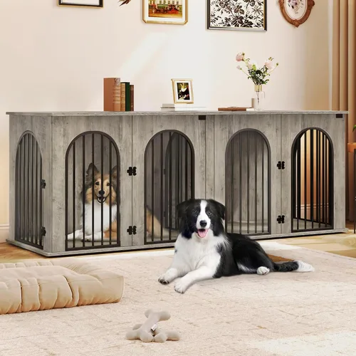 Vista 15 de Hzuaneri 63" Mueble de jaula para perros para 2 perros, jaula de perro interior resistente con soporte para TV, jaula de madera para perros L