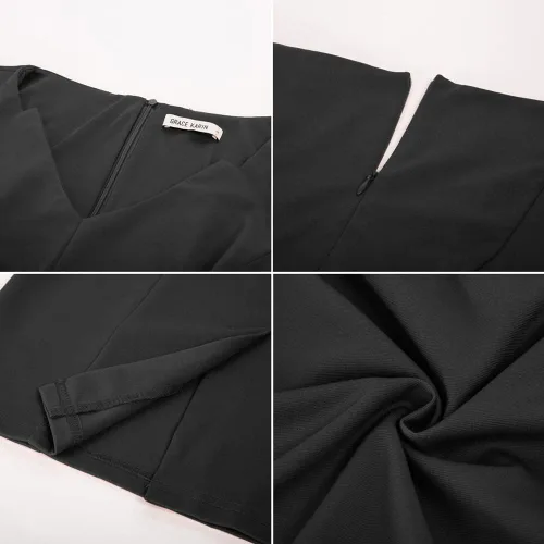 Vista 2 de GRACE KARIN Vestido ajustado fruncido para mujer, manga casquillo, cuello en V, longitud hasta la rodilla, vestido de trabajo