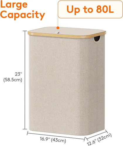 Vista 4 de Lifewit Cesta de lavandería de 80 litros con tapa, cestas de ropa para lavandería con asas de bambú y una bolsa de lavandería extraíble, cesta