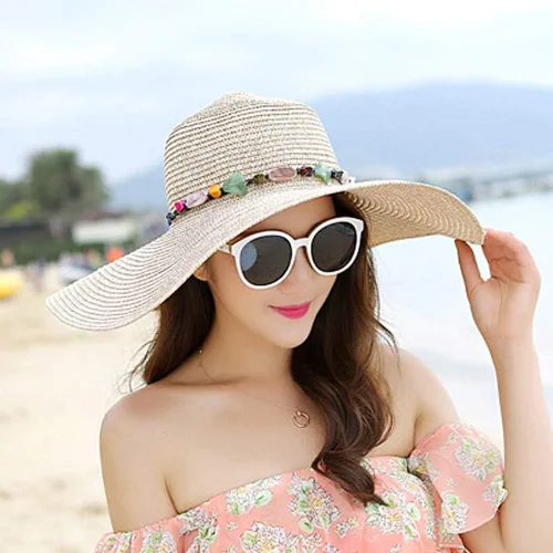 Vista 3 de Sombrero de paja de protección solar de ala ancha para mujer, sombrero flexible plegable, gorra de playa con protección UV de verano Cadena-beige