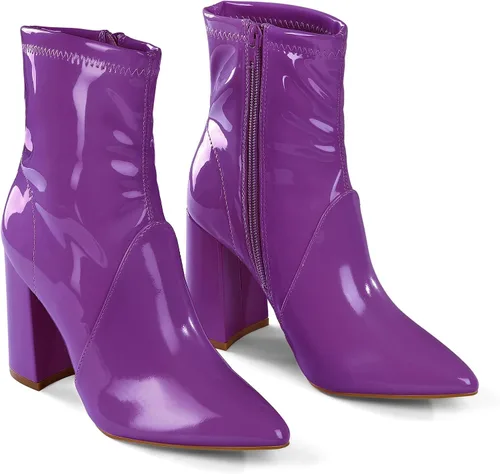 Vista 2 de mysoft Botas GoGo de tacón de bloque para mujer, botines puntiagudos, de piel de charol con cremallera lateral