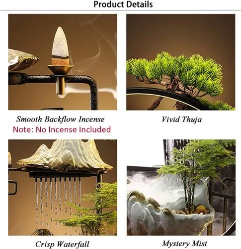 Vista 5 de Fuentes de agua de Buda para interiores y cascadas con 2 estatuas de Buda, fuente de agua de niebla con soporte de incienso de reflujo