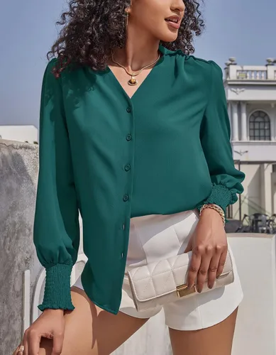 Vista 3 de Aifer Blusa para mujer, manga larga, elegante, casual, cuello en V, con botones, blusas 2024