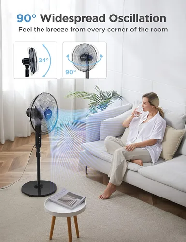 Vista 4 de PELONIS Ventilador de pie oscilante de 16 pulgadas Altura ajustable Motor DC ultra silencioso Control remoto 12 velocidades Temporizador