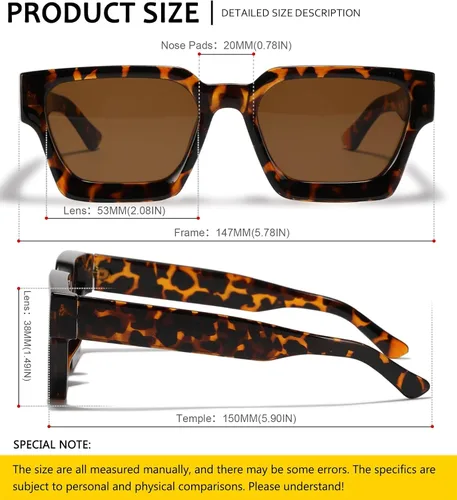 Vista 3 de SHEEN KELLY Gafas de sol rectangulares gruesas retro gruesas para mujeres y hombres, a la moda, cuadrados, negros, montura tipo tortie, gafas