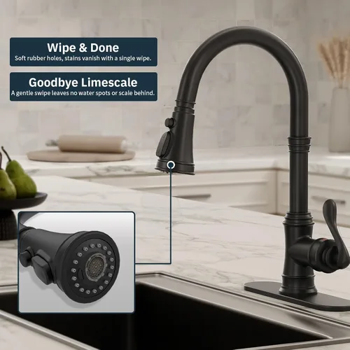 Vista 7 de BWE Grifo de cocina negro con rociador extraíble, 3 modos de pulverización, grifo de fregadero de cocina de arco alto de una sola manija