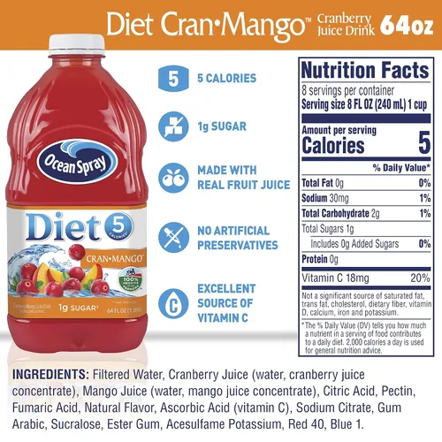 Vista 3 de Ocean Spray Diet - Bebida de jugo de mango y arándano, botella de 64 onzas líquidas (paquete de 8)