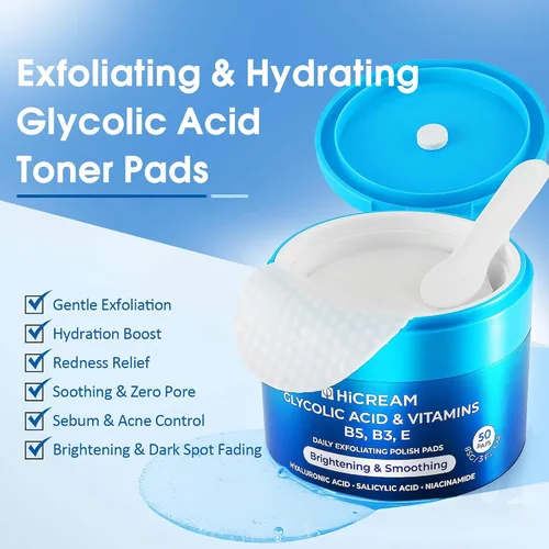 Vista 2 de Hicream Almohadillas de ácido glicólico, tónico exfoliante facial de doble textura para el cuidado de los poros y la luminosidad de la piel