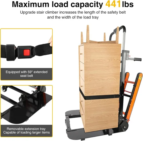 Vista 3 de Carro eléctrico para escaleras, carga máxima de 400 libras, resistente, con 6 ruedas, para almacén logístico de muebles, color negro