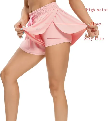 Vista 5 de ygqzm - Pantalones cortos deportivos de cintura alta para mujer, elásticos, para entrenamiento, fitness, voleibol, 2 en 1, pantalones cortos