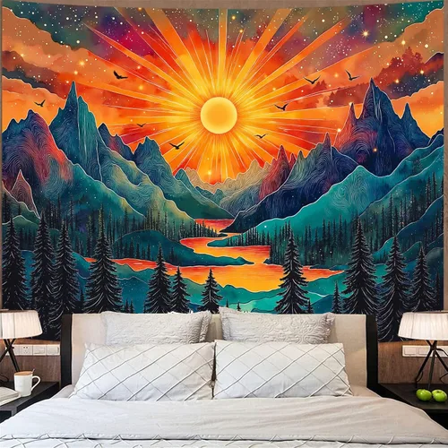 Vista 25 de Zussun Tapiz de hongo rojo, tapices de luna y estrella para dormitorio, estética de color beige, noche estrellada, planta verde, tapiz de pared