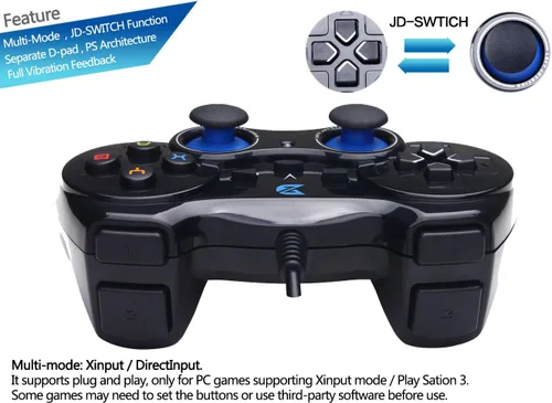 Vista 3 de ZD-V control de juegos cableado con USB color negro para PC compatible con Windows XP7810 PlayStation 3 Android