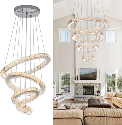 Vista 10 de Candelabros modernos de cristal, regulables, redondos, con control remoto, 2 anillos, lámpara colgante de techo LED para vestíbulo, comedor, sala