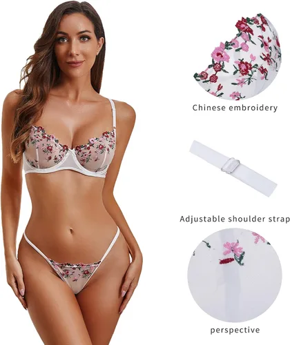 Vista 3 de ADSEXY Lace Lingerie Set for Women Sexy Naughty 2 Piece Strappy Bra and Panty Push Up Bralette with Metal Chains