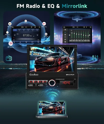 Vista 6 de Estéreo de coche de un solo DIN con Carplay inalámbrico Android Auto, pantalla táctil motorizada de 7 pulgadas con Bluetooth Radio de coche