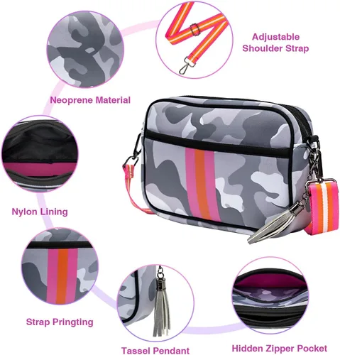 Vista 3 de CELELA Bolsos cruzados pequeños para mujer, bolsa de neopreno, impermeable, con correa de guitarra, borla