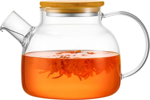 Vista 7 de PARACITY Tetera de vidrio para estufa de 600 ml/20 oz, hervidor de té transparente de borosilicato con tapa de bambú, tetera de vidrio con pico
