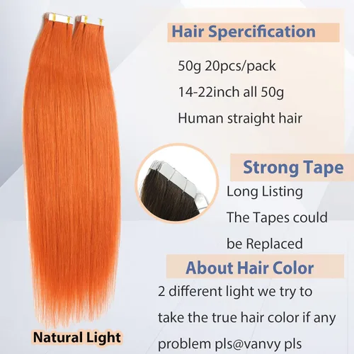 Vista 2 de Extensiones de cabello con cinta adhesiva en cabello humano grueso naranja de 18 pulgadas