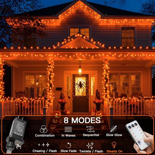 Vista 7 de suddus - Guirnalda 100 luces led conectable, control remoto, enchufe, impermeable, regulable, cable transparente, exterior, otoño, Halloween, Acción