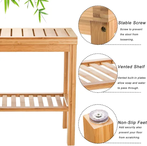 Vista 4 de SOUJOY Banco de ducha de bambú, taburete de asiento de baño, taburete de afeitado para reposapiés de spa, estante de almacenamiento para toalla
