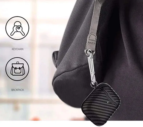 Vista 7 de Compatible con auriculares Airpods 1 y 2, fibra de carbono fresco grano militar anti-caída flexible TPU protector antidedos con llavero negro