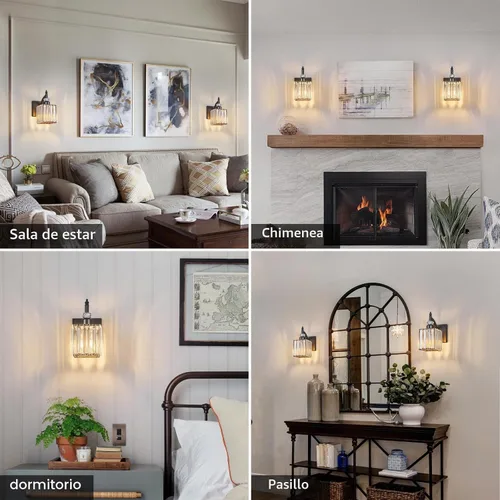 Vista 3 de Juego de dos apliques de pared modernos negros para interiores, lámpara de pared de cristal, lámpara de pared montada en la pared, aplique de pared