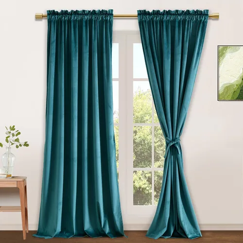 Vista 46 de JIUZHEN Cortinas de terciopelo beige de 63 pulgadas de ancho x 63 pulgadas de largo, cortinas de terciopelo retro suaves con bolsillo para barra