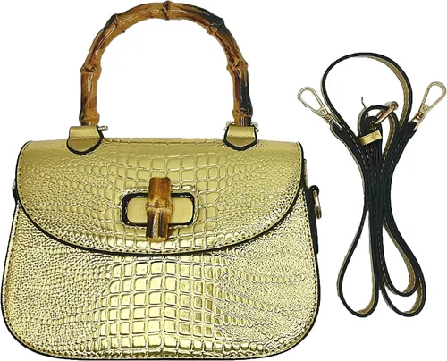 Vista 3 de Bolso de mano de cuero artificial de bambú con asa superior para mujer, elegante bolso de noche, regalo para mujer, hecho a mano