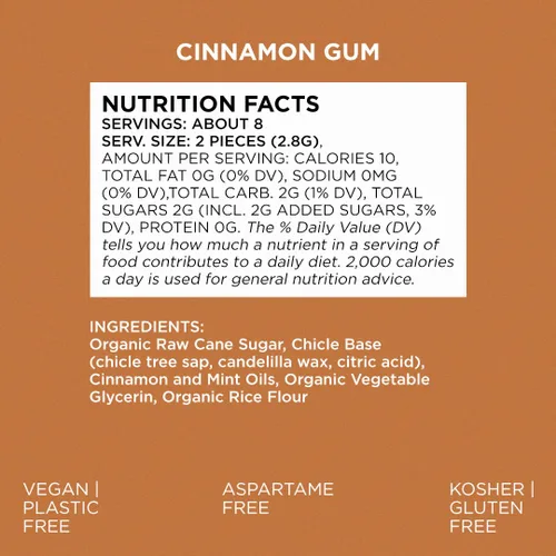 Vista 3 de SIMPLY Gum Canela, goma de mascar natural sin plástico, paquete de 6 (90 piezas) Vegano, Kosher, sin OGM, sin aspartamo y sin sorbitol