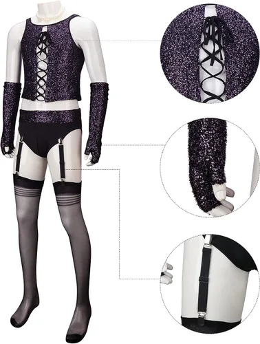 Vista 5 de Nonnyer Disfraz de terror Rocky para hombre, disfraz de Dr. Frank de los años 70, corsé magenta, juego de medias de película para Halloween, cosplay
