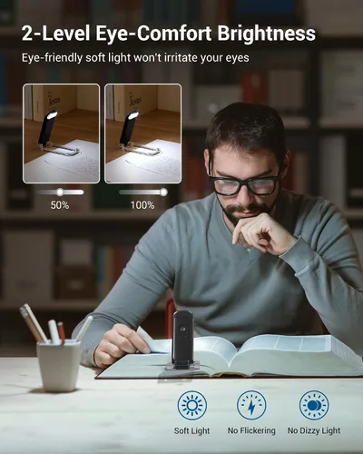 Vista 2 de DEWENWILS Luz de Lectura para Libros con Clip, Luz LED de Clip para Libros para Leer en la Cama, Lámpara de Libro Recargable por USB para Cuidado
