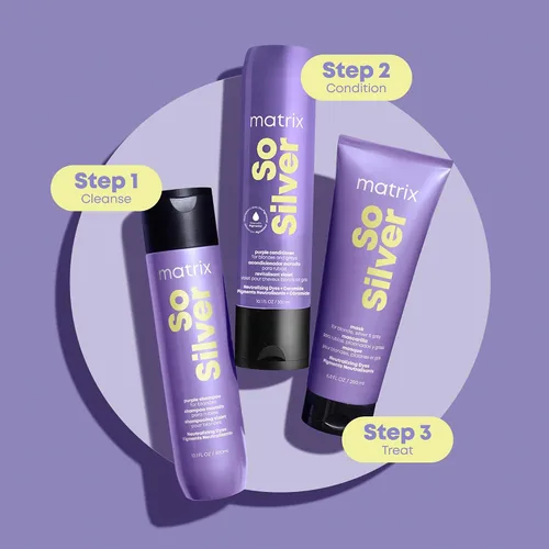 Vista 6 de Matrix So Silver Champú Morado Púrpura - Elimina los tonos amarillos y cobrizos, deposita color y tonifica, acondicionador pigmentado para rubias