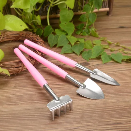 Vista 7 de jojofuny Práctica mini herramienta de jardín, mango de plástico antideslizante rosa con pala de hierro y rastrillo para plantar macetas