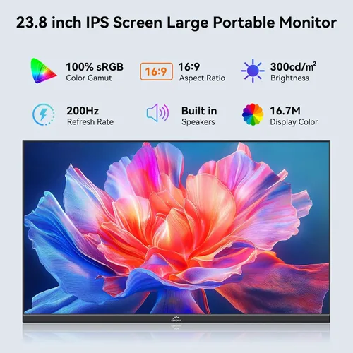 Vista 5 de Kenowa Monitor portátil grande de 23.8 pulgadas de 200 Hz, IPS FHD 1080P Freesync Monitor externo con pantalla de juegos USB-C HDMI Altavoces duales
