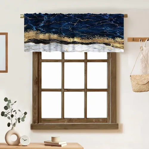 Vista 15 de Cortina de cenefa de mármol verde con venas doradas de mármol negro, diseño abstracto de lujo, elegante cenefa con bolsillo para barra, 1 panel