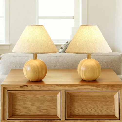 Vista 9 de lámpara de mesa de madera para recámara, lámpara de escritorio pequeña con pantalla de tela de lino para sala de estar, lámparas de ambiente